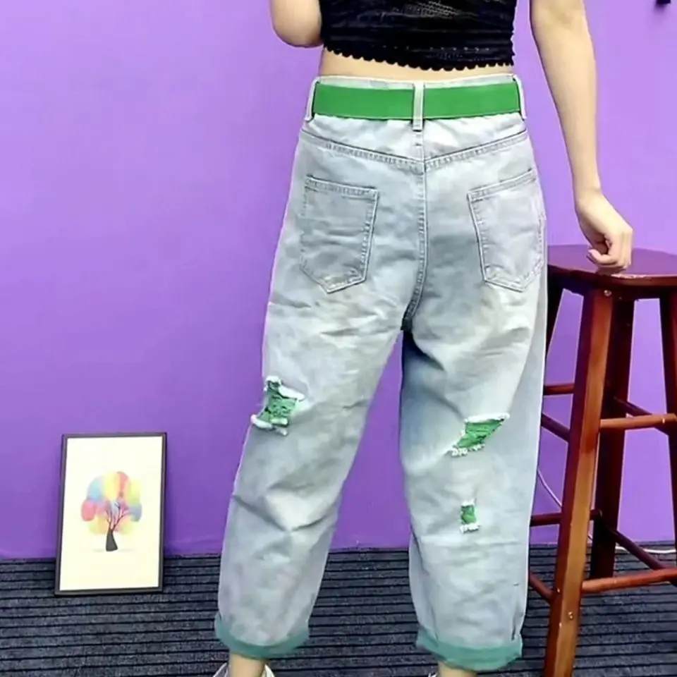 الثقيلة مزين فضفاض صالح أبي الجينز المسيل للدموع حفرة اللون بلو رقيقة Sle الصيف جديد وصول الدينيم بناطيل كاجوال للنساء