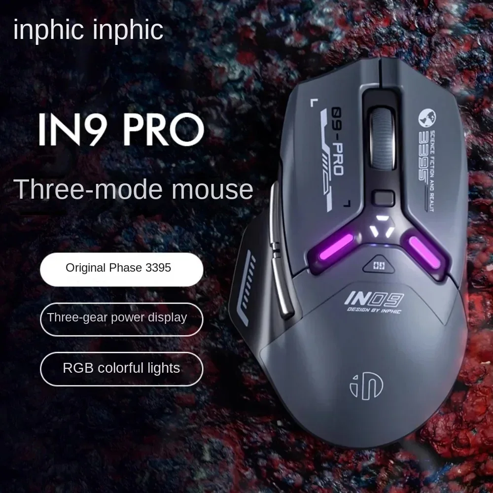 Inphic IN9PRO Tri-mode Mouse PAW3395 8Khz Wireless Bluetooth 2.4G Wired Type-C Mechanical Gaming Macro 500mAh for FPS GameOffice