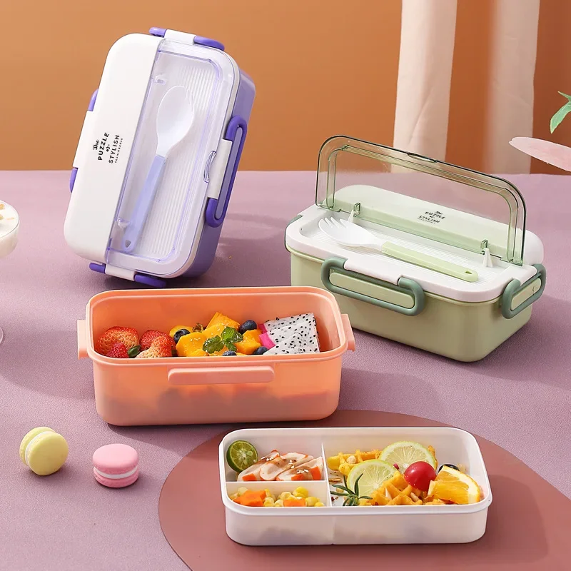 

Four-button Plastic Lunch Box Students Office Workers with Tableware Can Microwave Portable Split Compartment Bento Container
