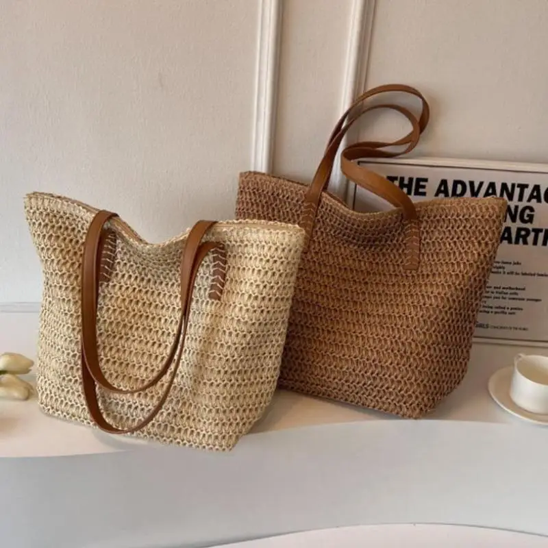 1 Stück Böhmische Sommermode Stroh-Strandtasche Handgewebte Damen-Schulterhandtasche Reise-Shopper Gewebte Einkaufstaschen – Detail 4