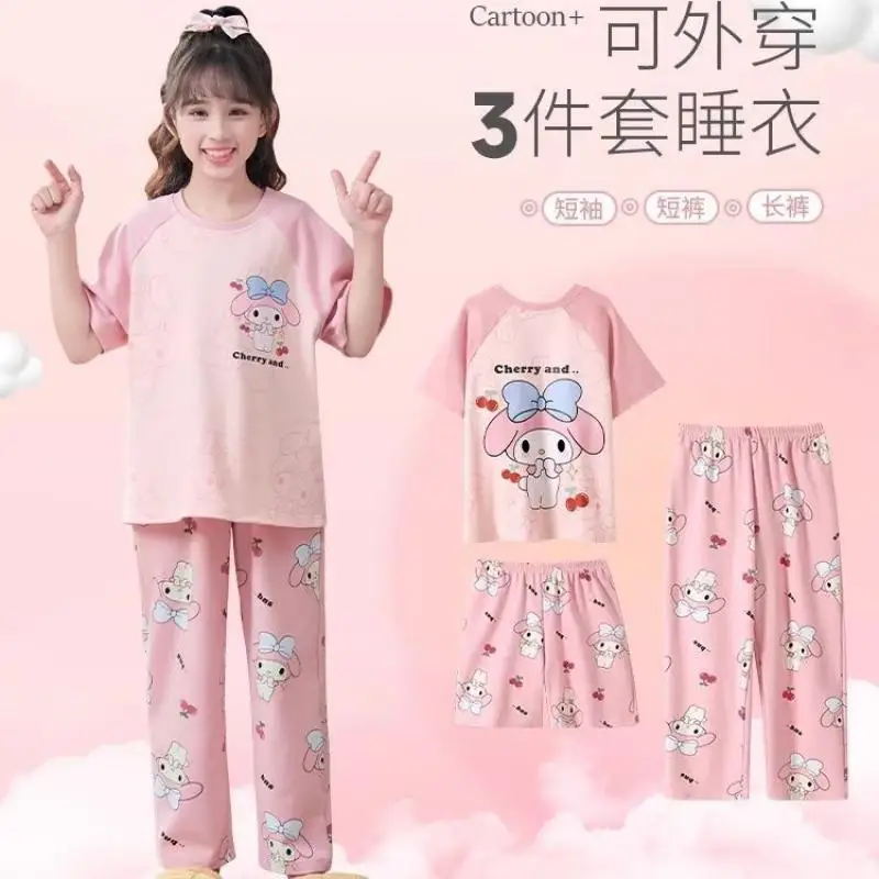 

Sanrio Girls Trousers 3Pcs My Melody Children New Style Short Sleeve Kuromi Girls Cartoon Shorts Summer Housewear Pajamas Hot