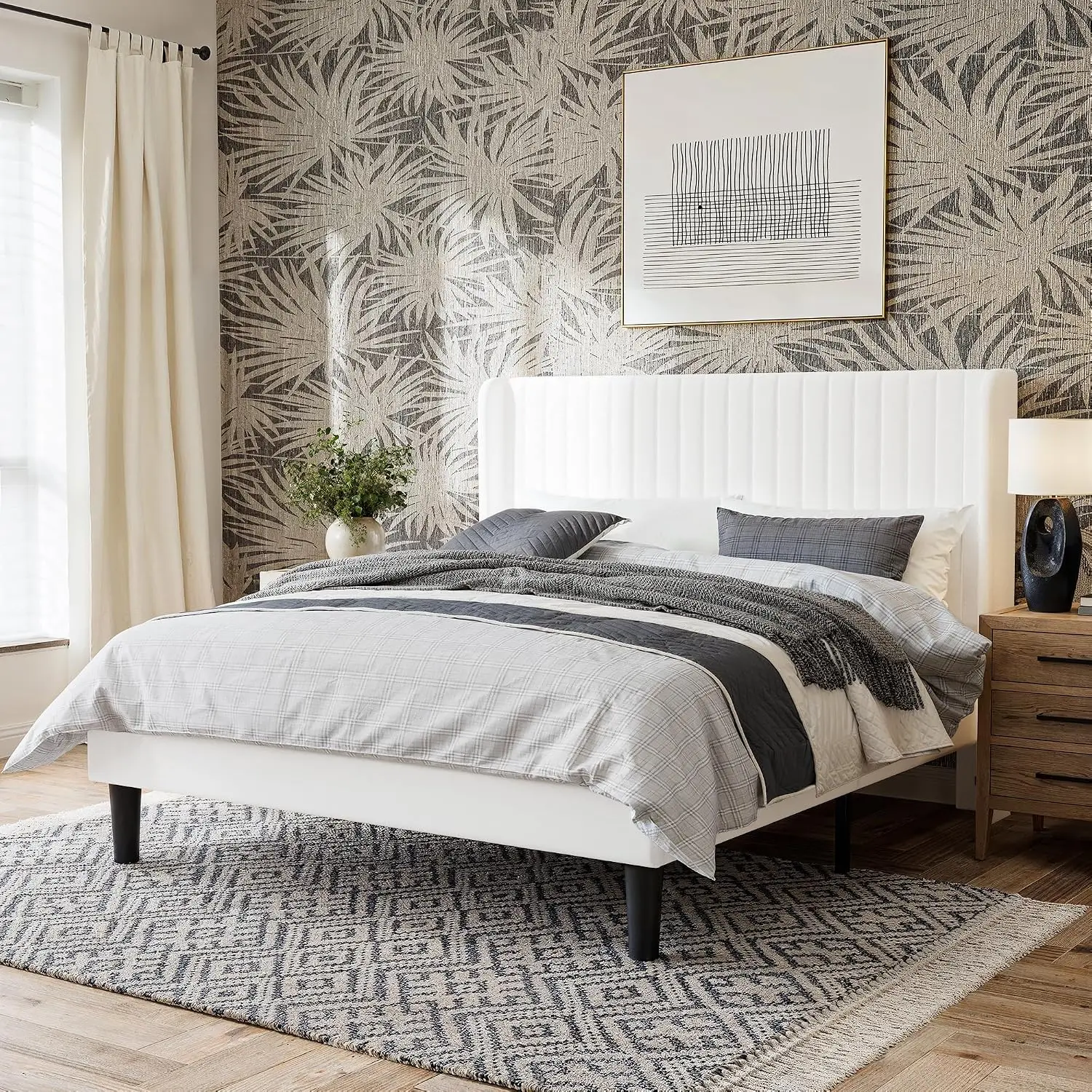 Upholstered Queen Size Bed Frame with Wingback Headboard, White | Velvet Upholstered Platform, Vertical Channel, Customized