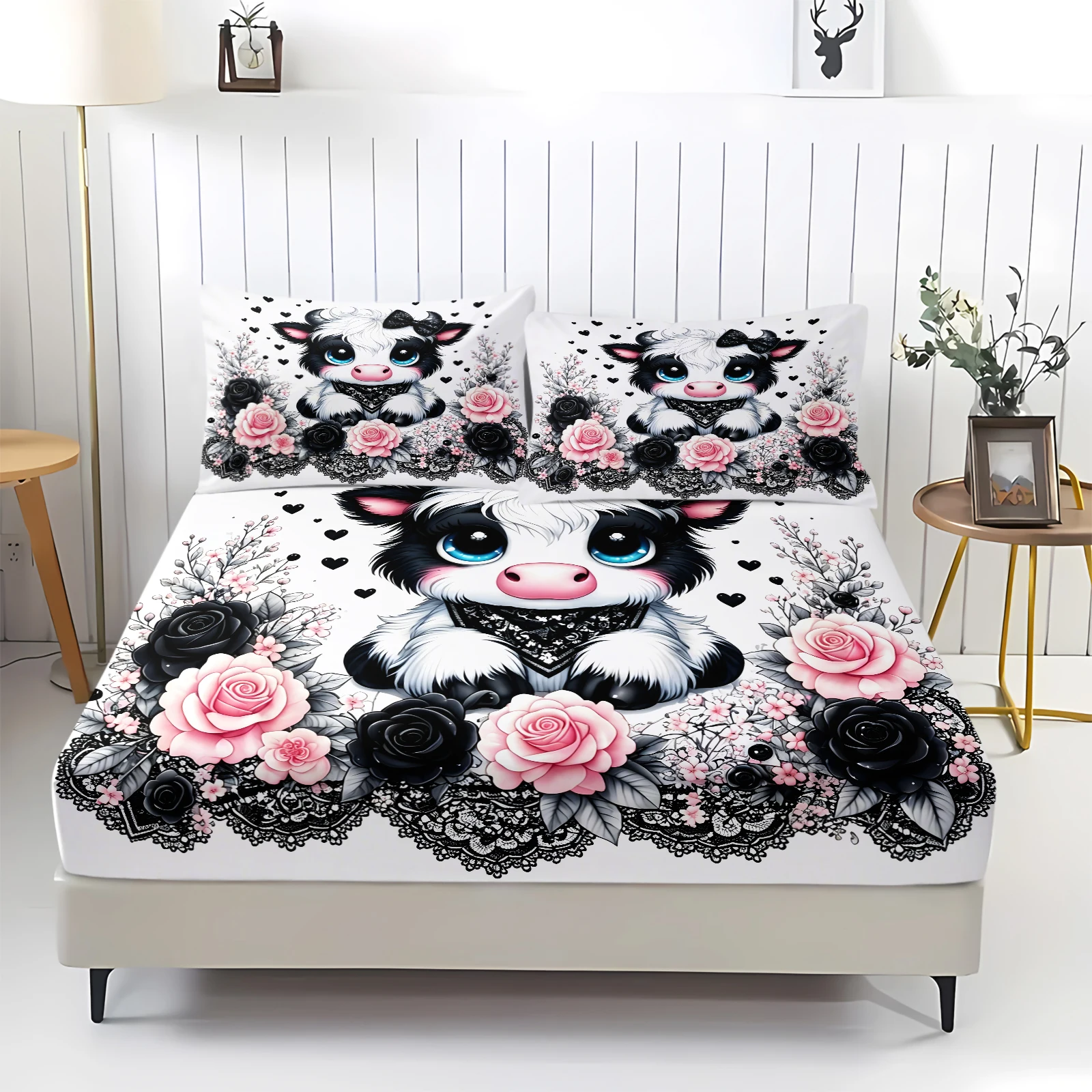 Cute Highland Cow Fitted Sheet Set Rose Floral Elastic Deep‑Pocket Bed Sheet with Pillowcases Floral Print Bedding Set Bedroom