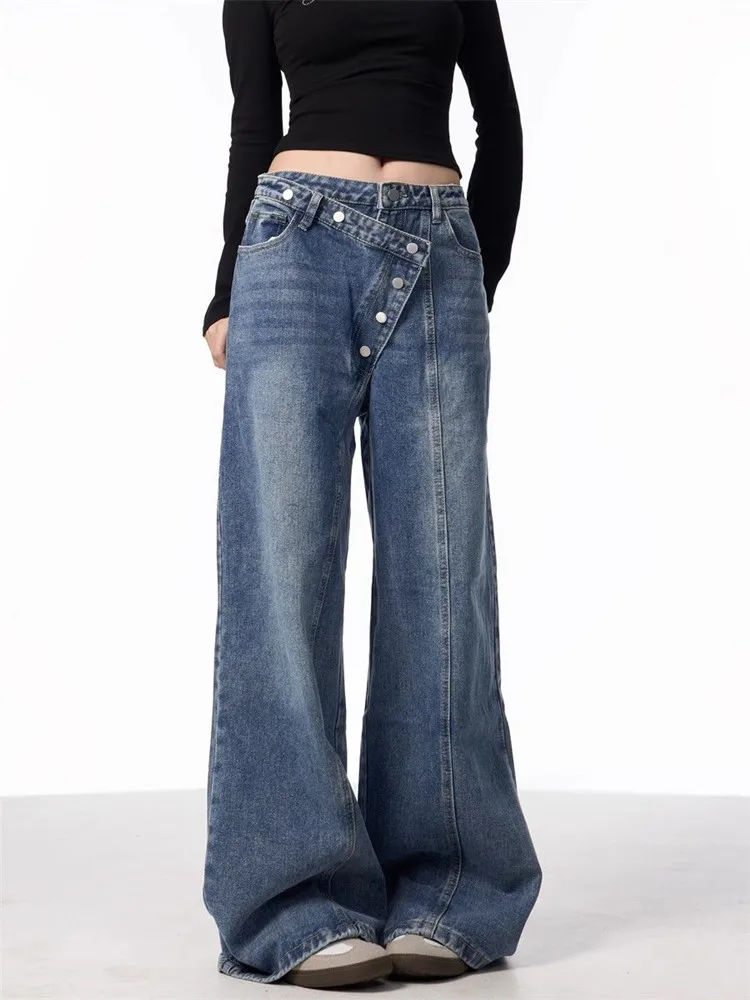 

Y2K Retro Jeans Women Irregular Button Loose Layered Clothing Women's Wide-Leg Floor-Length Pants