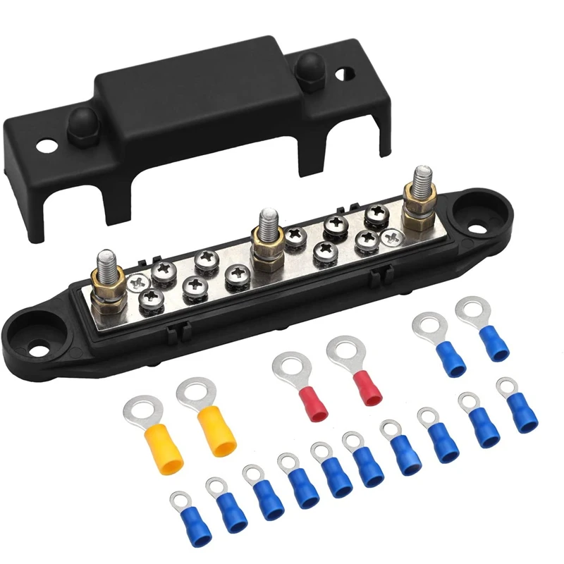 

Power Distribution Block with Ring Terminals Bus Bar 3x1/4'' Post 10x#8 Screws Terminal Block for Caravan Truck Boat Camper RV