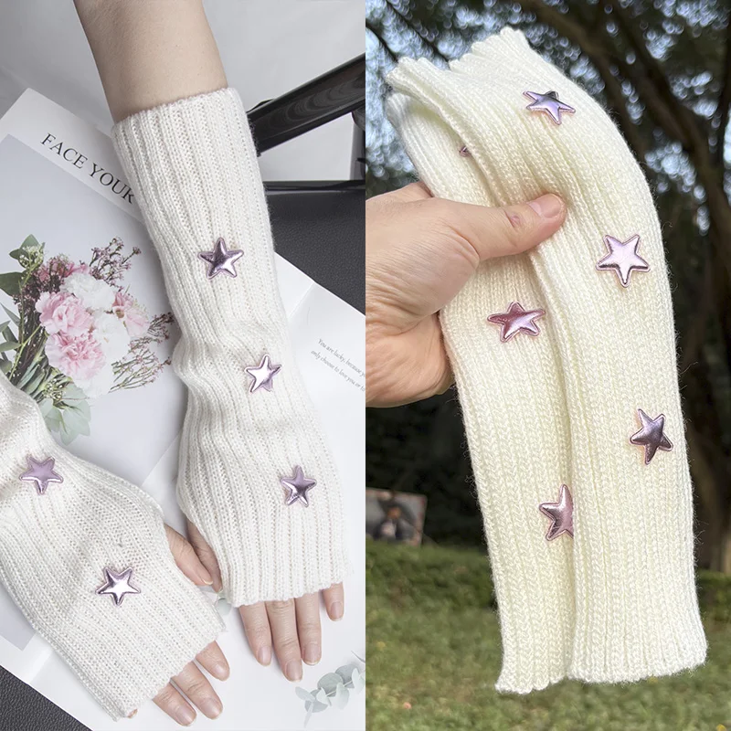 Y2k Fingerless Gloves Fashion Women Warm Arm Sleeve Knitted Star Decoration Mitten Casual Long Wrist Mittens Punk Gothic Gloves