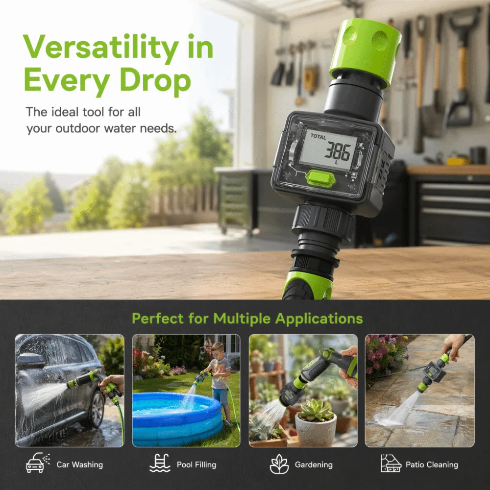 Digital Water Flow Meter IPX6 180° Screen-Flip Water Meter Easy To Install Quick Connectors Flow Rate Car Washing