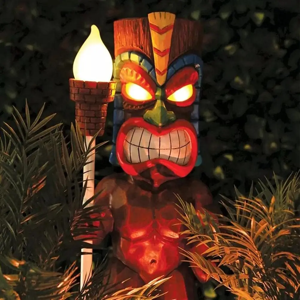 Tiki Totem dekorasi untuk pesta Hawaii, lampu Tiki surya luar ruangan patung halaman belakang, dekorasi tropis, patung taman untuk teras luar