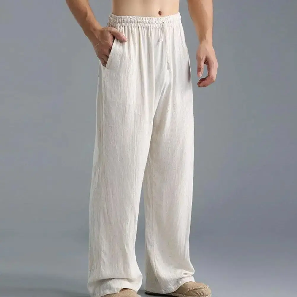 

plus Size Men's Cotton Linen Long Pants with Elastic Waist Loose Fit Straight Leg Youthful And Vibrant Sle for Autumn
