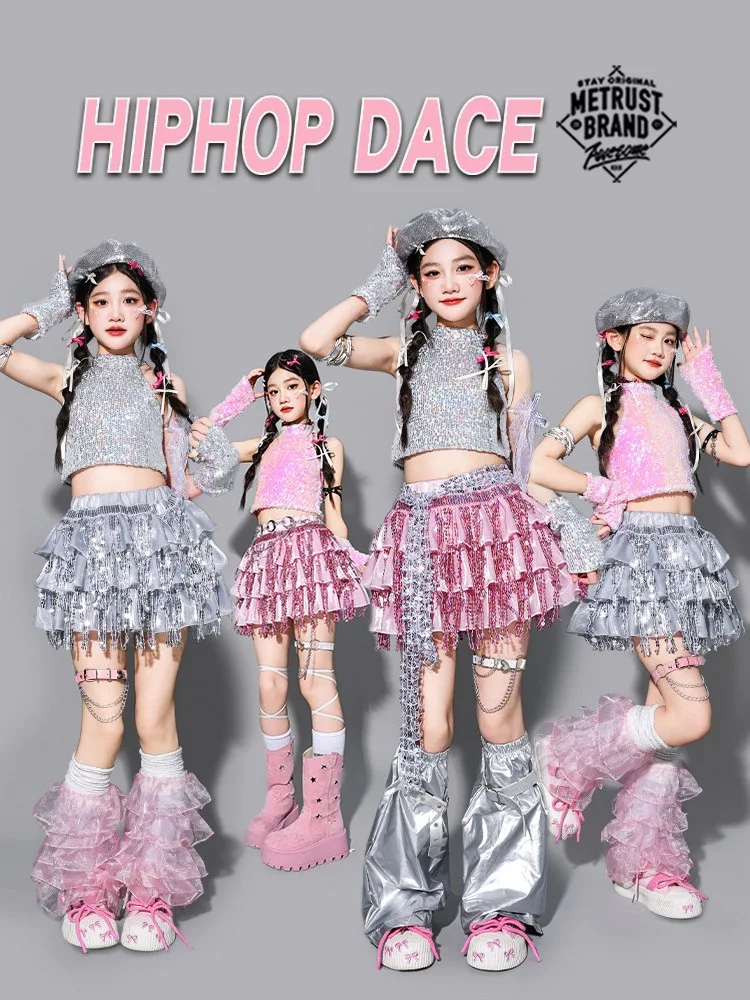 Girls K-pop Sequin Crop Top And Fringed Skirt Dance Streetwear Hip Hop Shiny Costumes Children's Group Streetwear Clothes Set