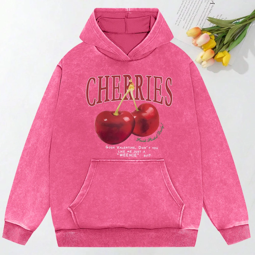 Cherries Fruit Creative Printing Snow Wash Hoodies Woman Fashion Cotton Hoody Oversize All-Match Tops Fashion Women Pullovers