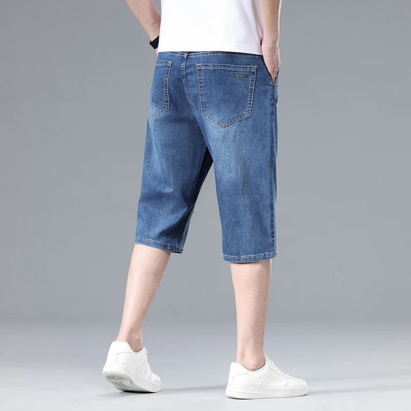 2025 뉴 여름 남성 얇은 스트레이트 데님 반바지 부드럽고 편안한 아이스 실크 느낌 루즈 팬츠 대형 라이트 블루 다크 블루