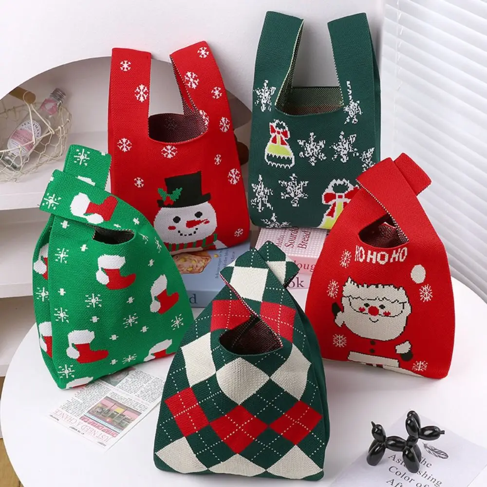 

Knot Reusable Christmas Knit Handbag Gifts Bag Shopping Bags Handmade Wrist Bag Weaving Handbags Snowflake Tote Bag