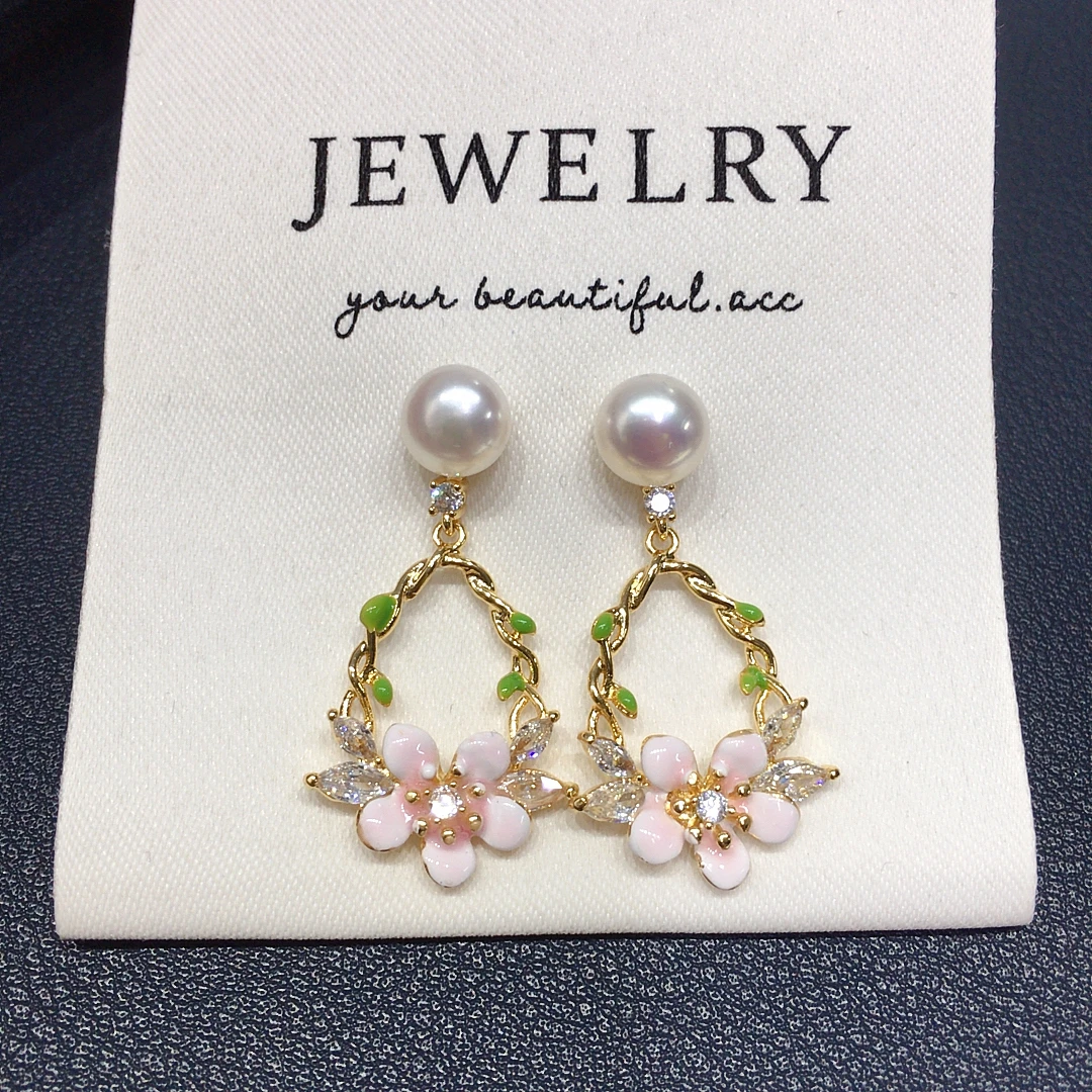 ZHBORUINI Freshwater Pearl Earrings 7-7.5mm Pink Flower Vine Design with Zircon High Jewelry Exquisite Cute Fresh Birthday Gift