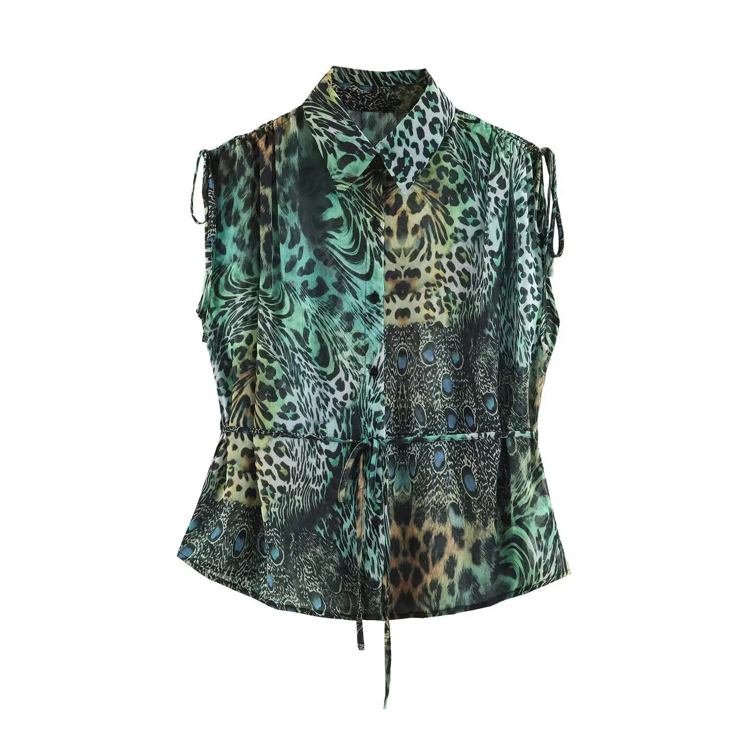 Sleeveless Leopard Peacock Print Shirt for Women 2026 Summer Lapel Blouse Casual Simpe Personalized Green Temperament Tops