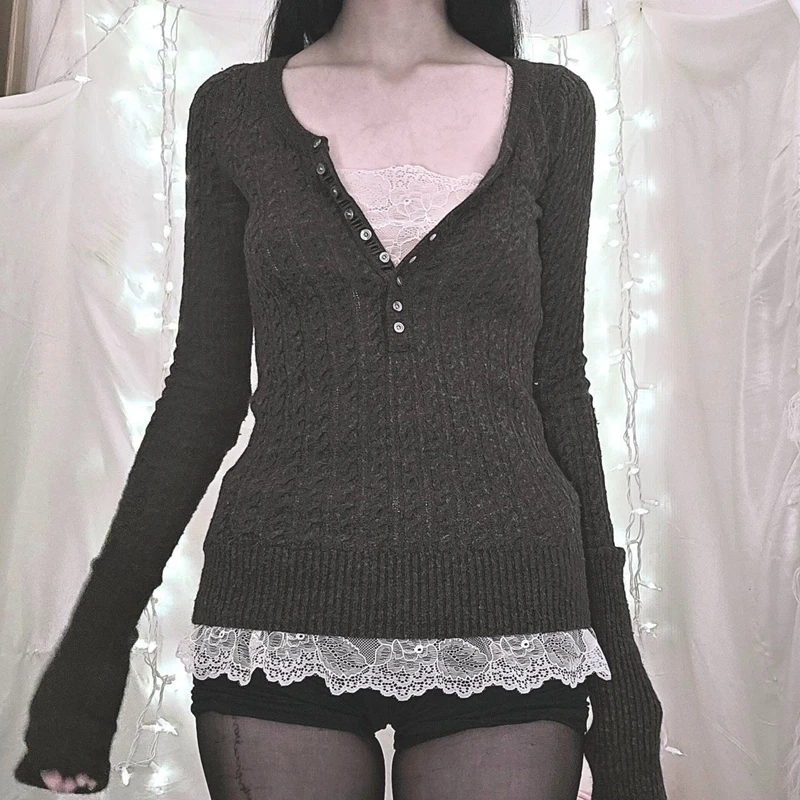 

Women Autumn Jumper Knitwear Classic Y2k Vintage Button Up Sweater 2000s Coquette Fairy Cable Knitted Babydoll Pullovers T-shirt
