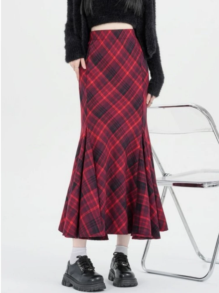 Qiukichonson Mid Long Skirts Womens Woolen Skirt 2026 Autumn Winter Korean Vintage High Waist Ruffle Red Plaid Mermaid Skirt rok
