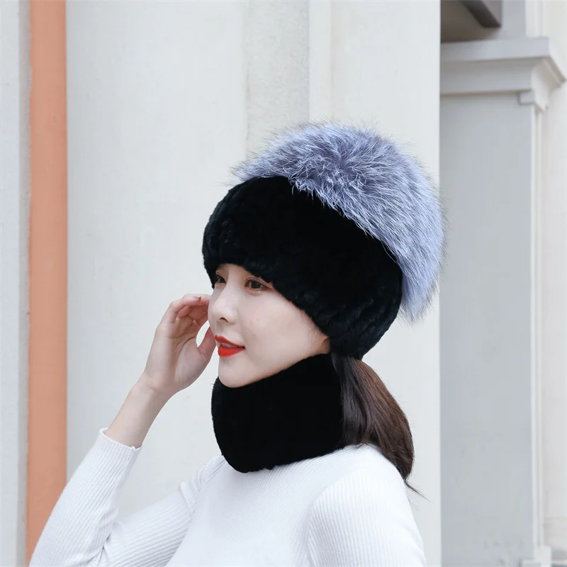 Rex Rabbit Fur Hat With Fox Fur Ball Women Winter Natural Fur Hats Female Warm Skiing Caps Ladies Knitted Fur Cap Furry Fur Hats