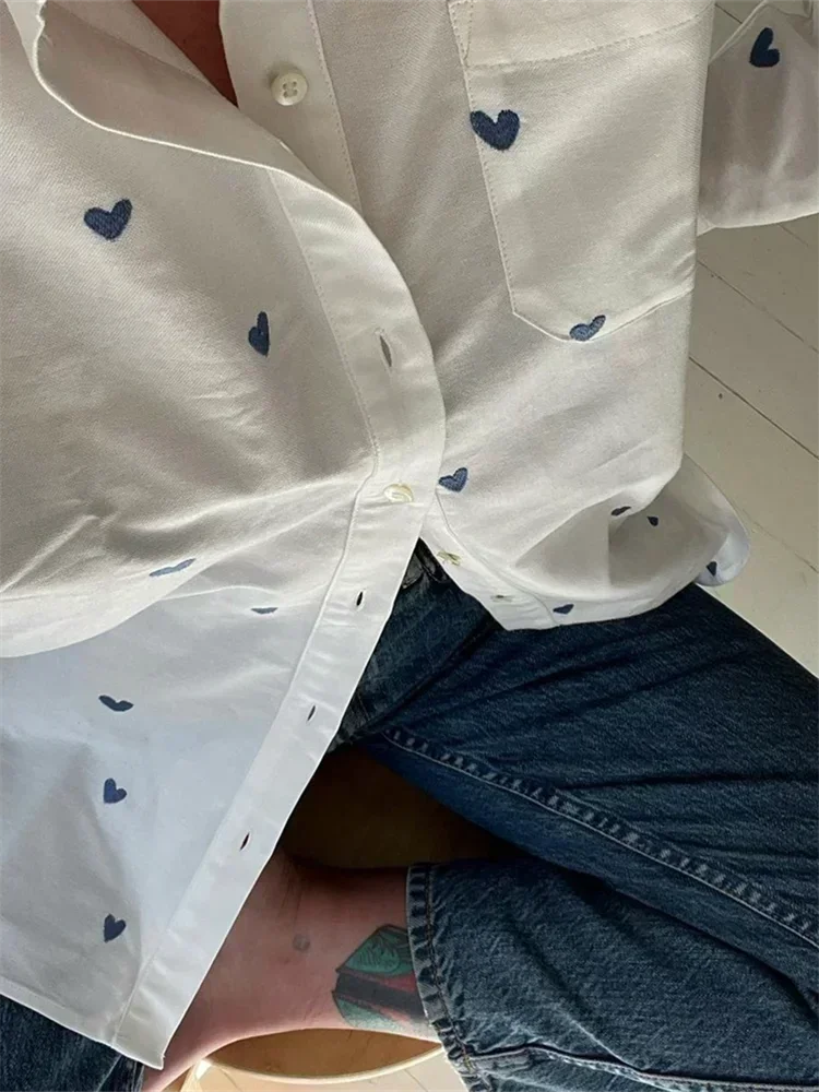 Women Blue Heart Shape Embroidered White Shirt Turn-Down Collar French Ladies Elegant Long Sleeve Blouse and Top