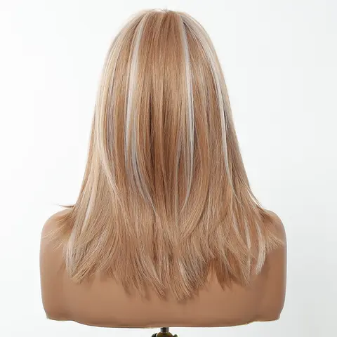 एलन ईटन स्ट्रॉबेरी ब्लोंड सिंथेटिक विग बैंग्स के साथ मध्यम लंबाई स्तरित सीधे विग प्राकृतिक हाइलाइट बाल गर्मी प्रतिरोधी 10 best sales टोपी विग - №4