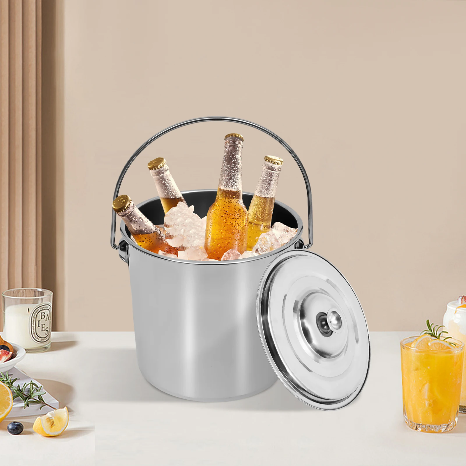 

Stainless Steel Ice Bucket For Parties With Lid, Insulated Wine Bucket Keeps Drinks Cold And Ice Cube From Melting, Silver