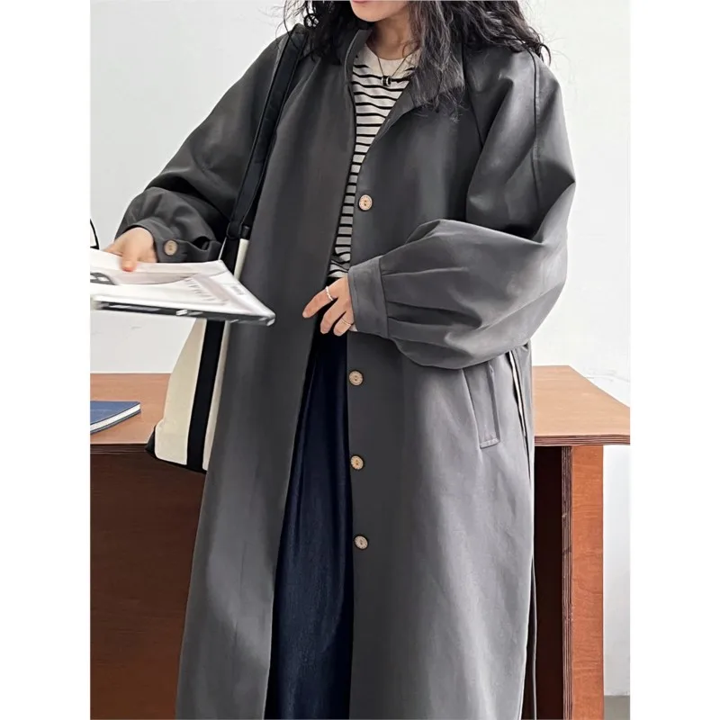 Korean Style Stand-up Collar Puff Sleeve Trench Coat Women's Mid-Length Waist-Controlled Lace-up All-Matching Slimming Overcoat