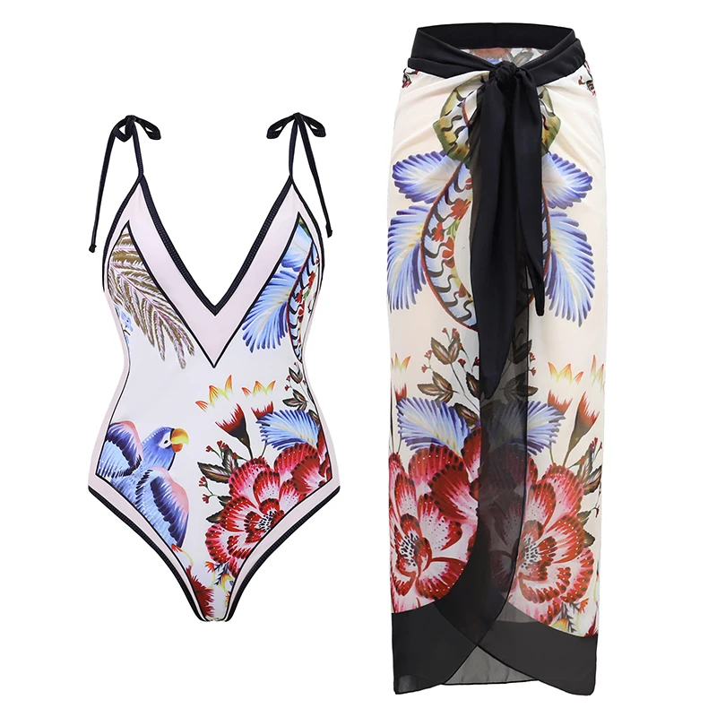 2024 mulheres roupa de banho 3 peça conjunto biquíni 3d flor vintage impressão maiô cintura alta sexy verão praia vestido bodysuit