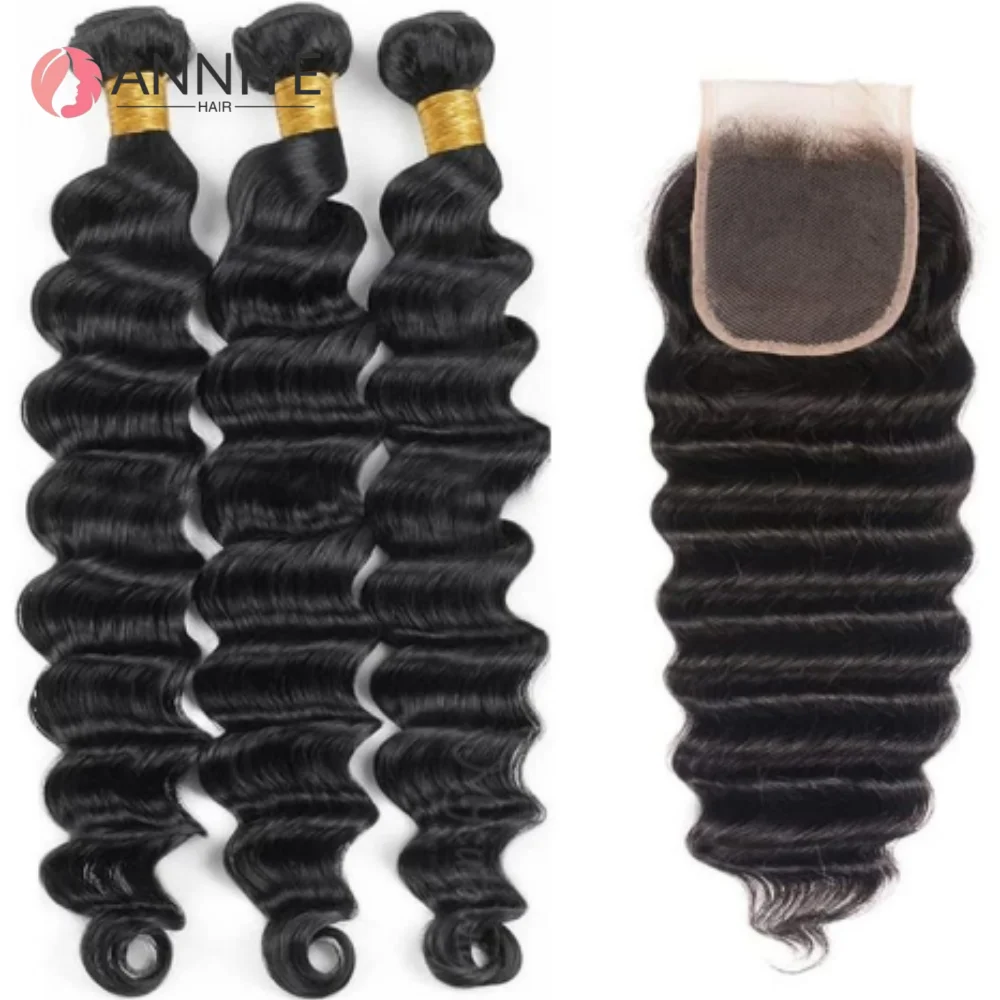 ディープウェーブヘアエクステンション、4x4クロージャー付き、3束とレースクロージャー付き、100%人毛エクステンション、レースクロージャー付き