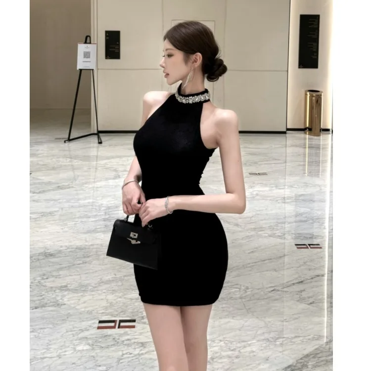 Southeast Asian Luxury Diamond Embellished Neckline Dress Slimming Short Skirt High Waist Polka Dot Polyester Summer Dress