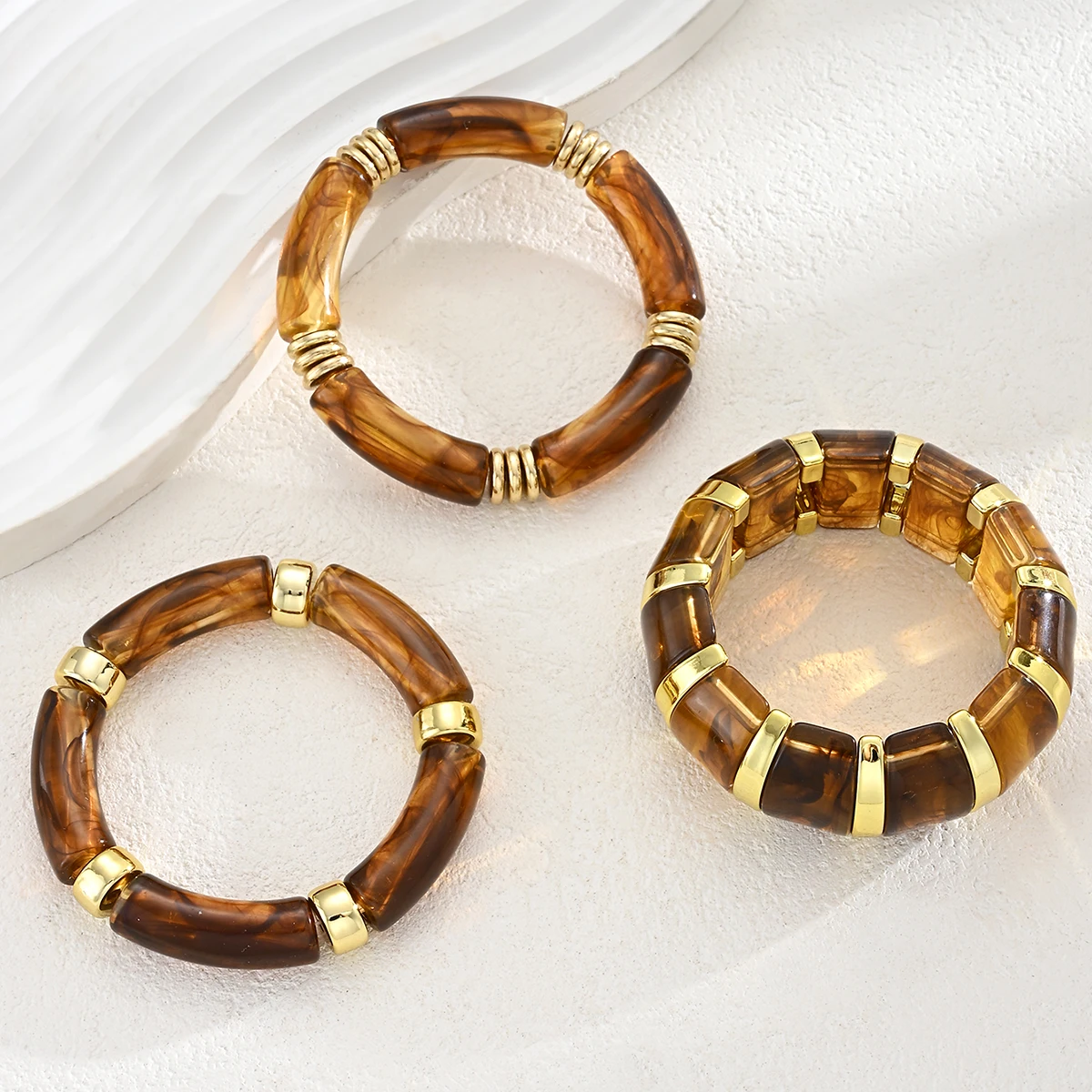 3-teiliges Set aus braunen Acryl-Armreifen im Bambus-Stil für Damen, Vintage-Schildpatt-Optik, modische, klobige, stapelbare Armbänder, Geschenke – Detail 5