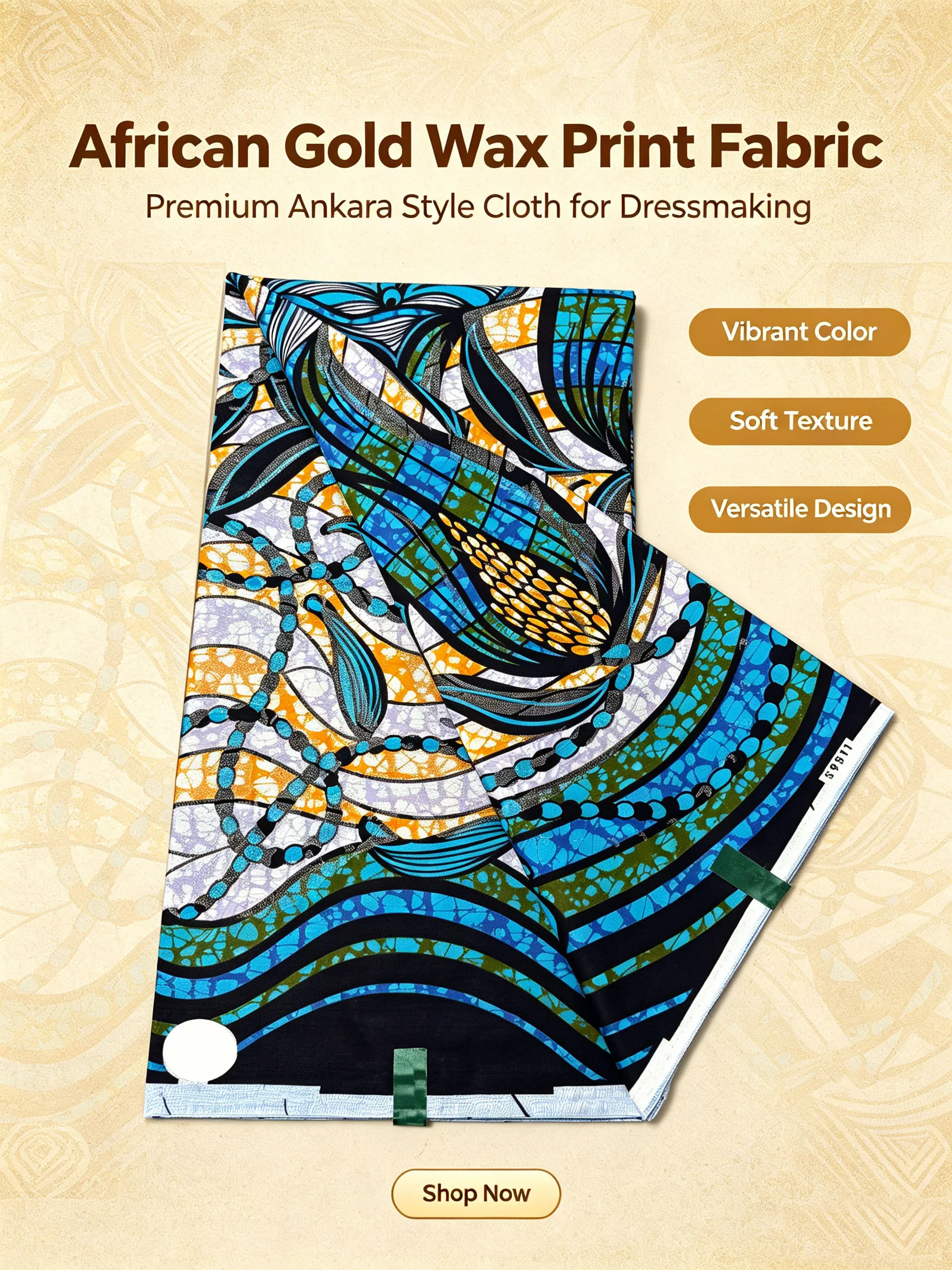 High Quality African Ankara Wax Pagne Print Fabric Blue Corn Pattern Gold Glitter Ghana Nigeria Style Cloth For Women Dress view 2