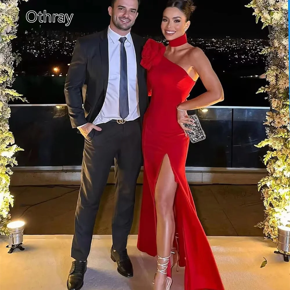 

Othray Charming Red Evening Dresses Single Long Sleeves High Slit Women Formal Met Gala Prom Gowns Wedding Party Robe Vestido