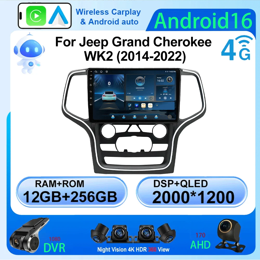Radio Multimedia para Auto con Carplay, Navegación GPS Inalámbrica, Android Auto, Estéreo para Auto, Radio HDR, Wifi 5G para Jeep Grand Cherokee WK2 2014