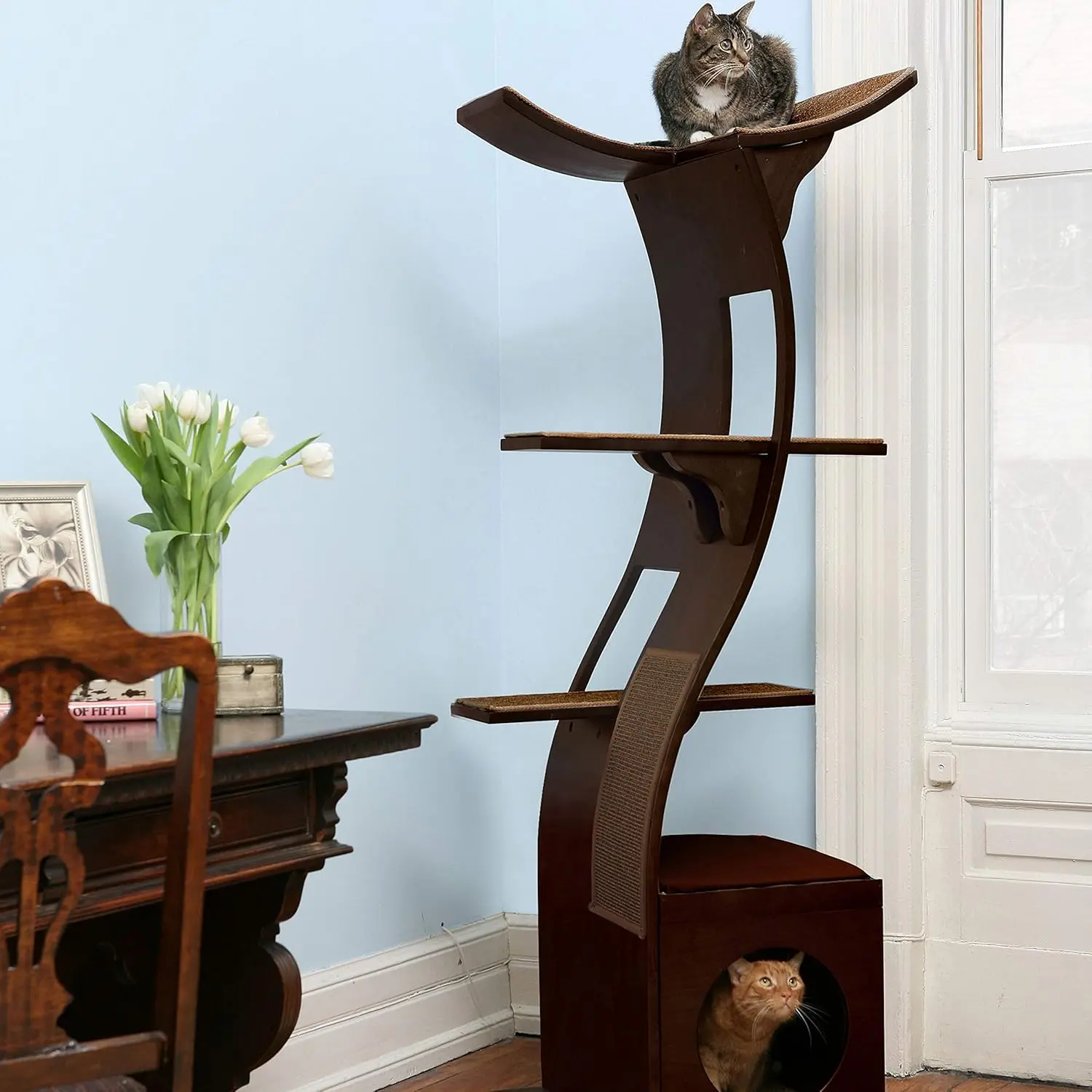 69 Inch Tall Black Espresso Lotus Cat Tower, Multi-Level Modern Cat Tree for Indoor Cats with Scratching Post