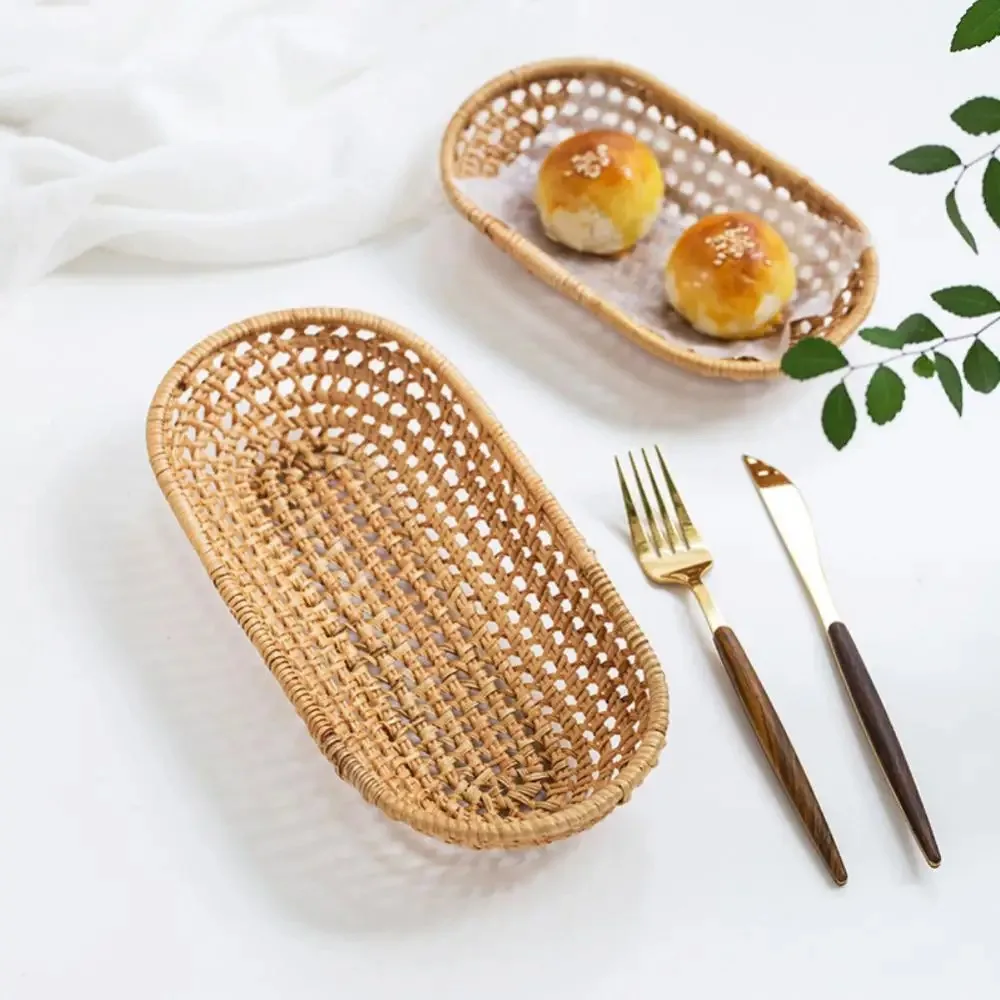 New Oval Rattan Woven Storage Basket Bread Fruit Food Storage Tray Knife and Fork Baskets Breakfast Display Box Home Decoration