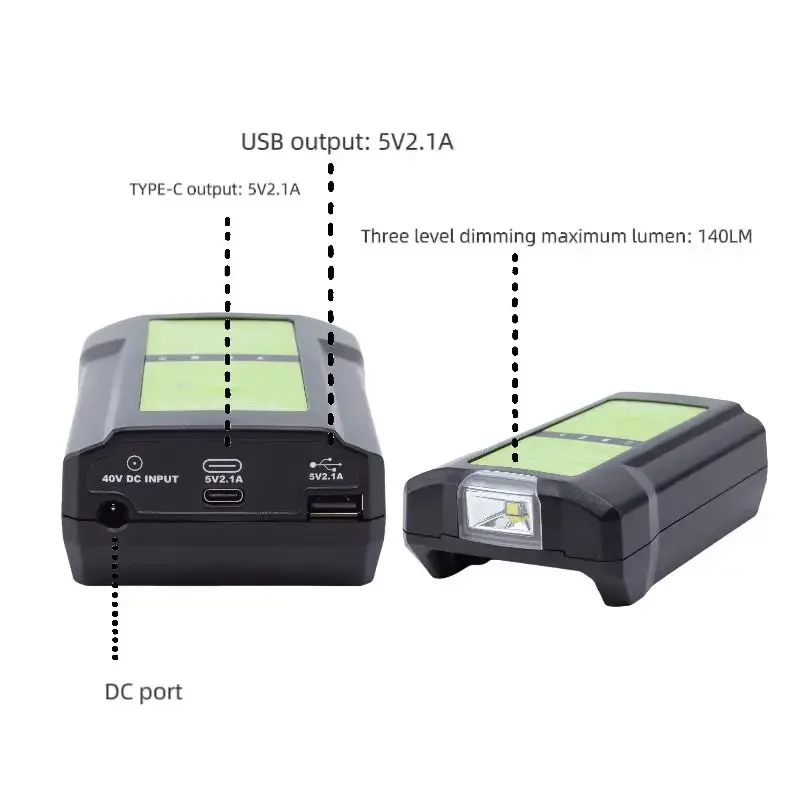 Portable Charging Converter Compatible Greenworks 40V Lithium Battery Charger Adapter w/SB TYPE-C & LED Work Light (No Battery )