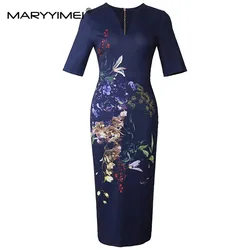 MARYYIMEI Designer Fashion Summer V-Neck Dress Women's Short Sleeve Vintage Flower Print Package Buttocks Midi Dresses XXL