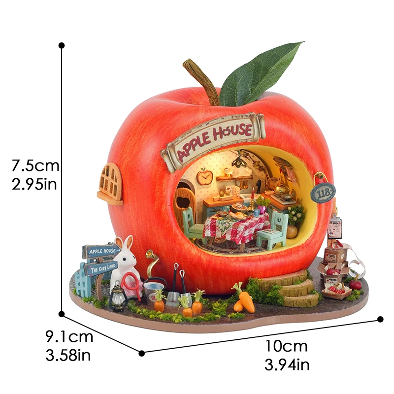 ชุดโมเดลไม้ DIY บ้านกระต่ายน้อยแอปเปิ้ล 3 มิติ ตัวต่อจิ๊กซอว์ พร้อมเฟอร์นิเจอร์และไฟ สำหรับเป็นของขวัญวันเกิดให้เพื่อน