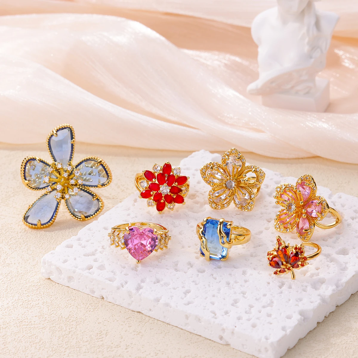 الفولاذ المقاوم للصدأ خواتم مطلية بالذهب الملونة حجر الزركون كريستال فاخر زهرة خاتم للنساء مجوهرات الزفاف هدية الكريسماس جديد