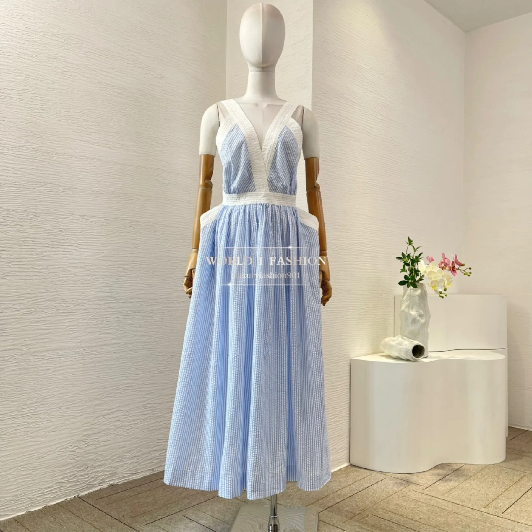 

Summer Clothes Woman 2025 White Light Blue Stripes Sleeveless V Neck Midi Dress