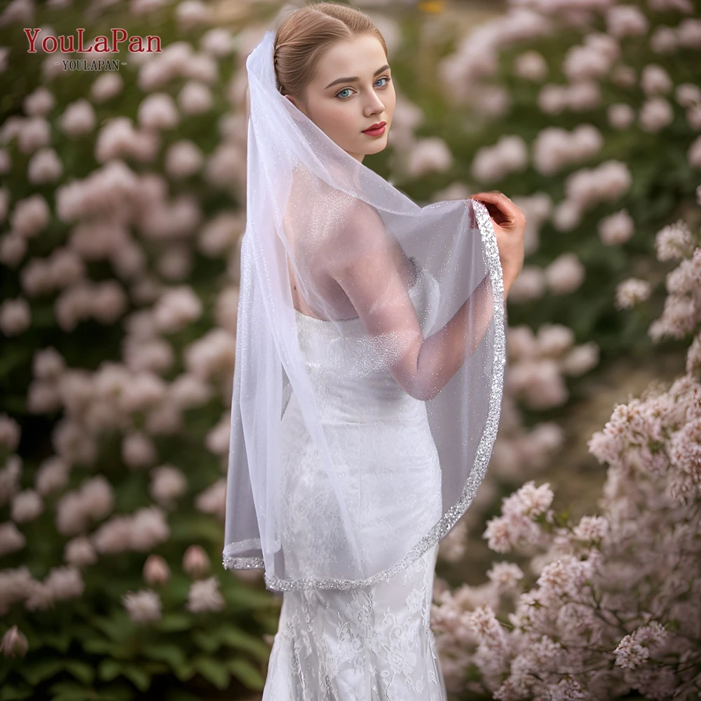 YouLaPan Single Layer Bridal Veil Sparkling Beaded Wedding Veil Ivory Veil Crystal Beaded Gold Sparkling V203A