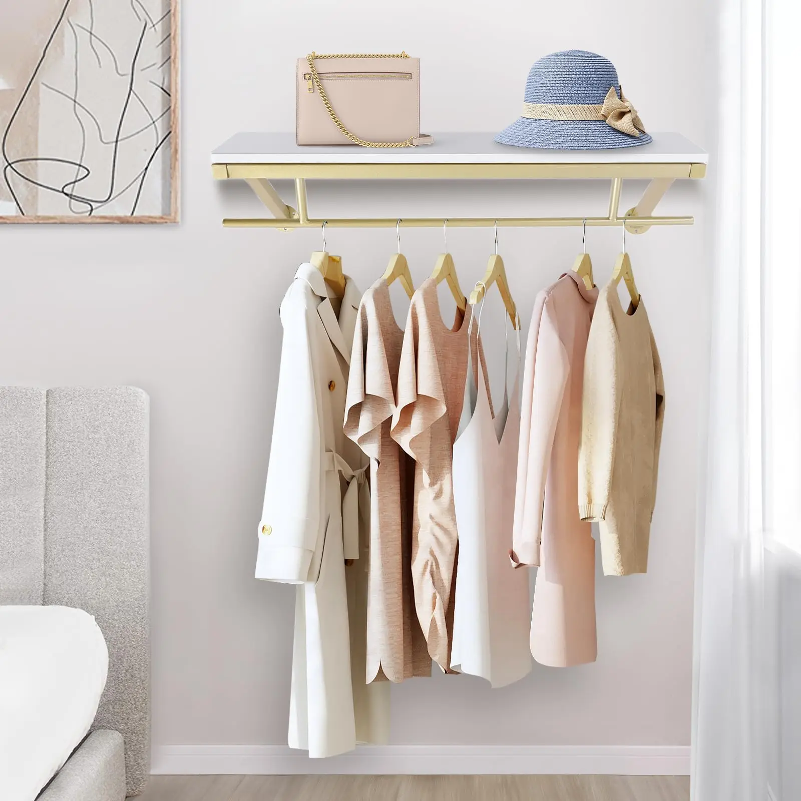 Prateleira com haste suspensa – haste de armário dourada para armazenamento e exibição de armário