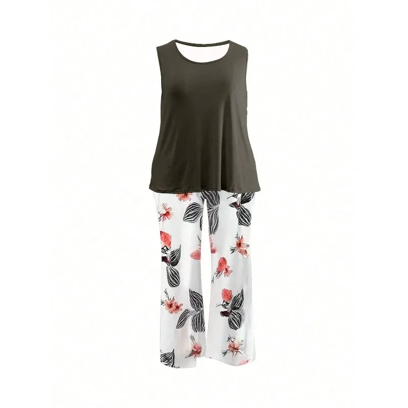 Conjuntos de pantalones con estampado de otoño para mujer de talla grande, traje de dos piezas con cuello redondo, Tops de manga corta, chalecos, pantalones de pierna ancha