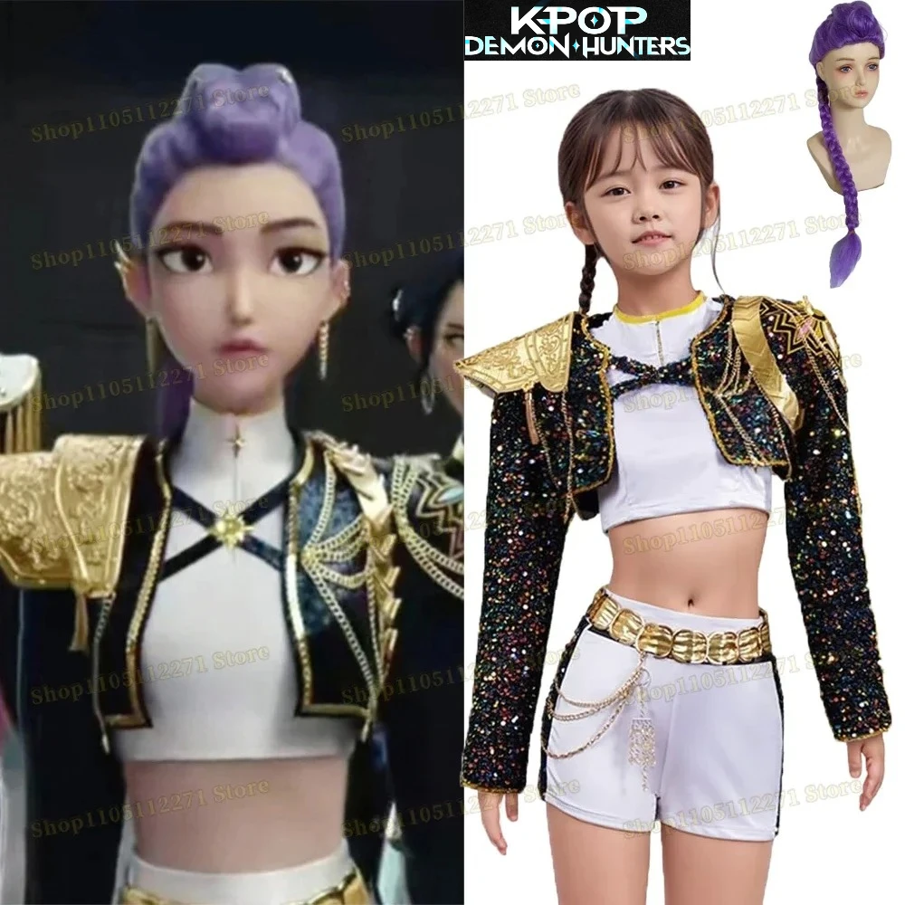 

Women Shinny Kpop Demon Hunters Zoey Cosplay Costume Set Zoey Wig Kids Girls Cos Outfits Huntrix Halloween Party Props