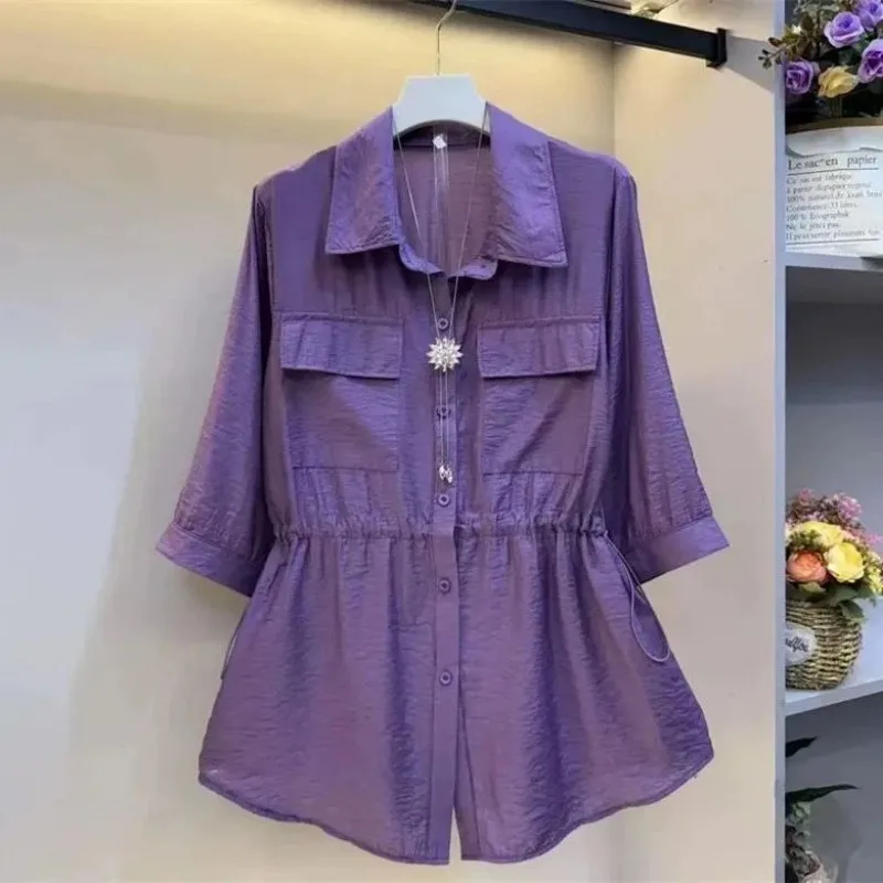 

Plus Size Women's Drawstring Waist Shirt Summer Casual Loose Solid Color Blouse