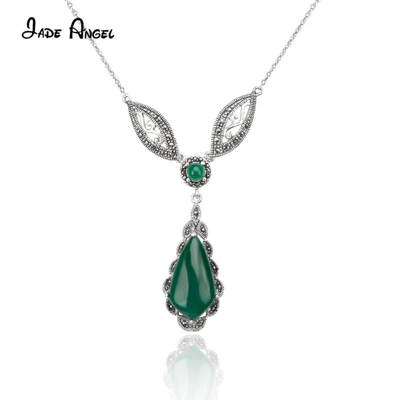 Jade Angel Sterling Silver 925 Multi-colored Drop-shaped Chalcedony Necklaces for Women Marcasite Pendants Vintage Fine Jewelry