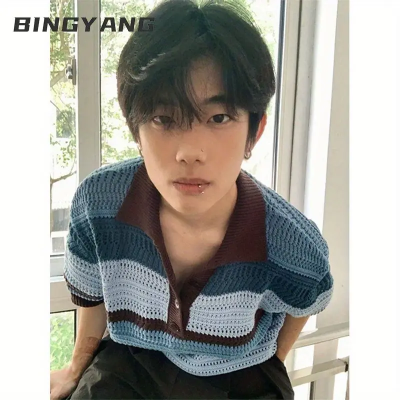 

Mens T Shirts Summer New High-end Designed Americian Retro Style Hollow Knitted POLO Collar Colored Striped Short-sleeved Top