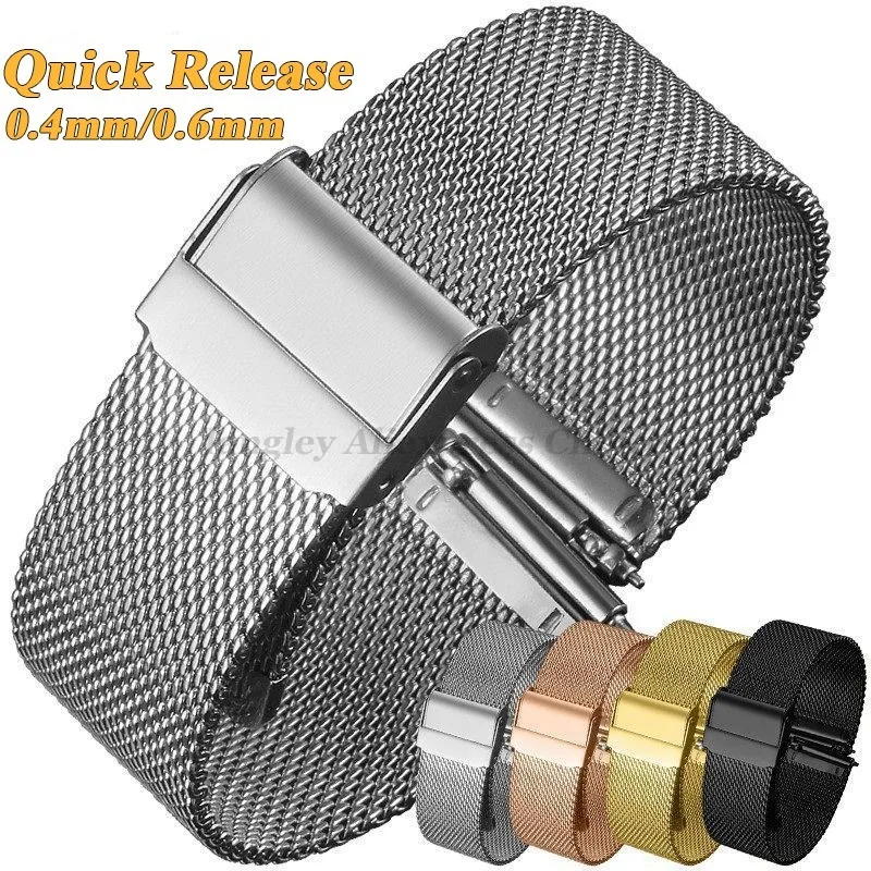 0.4/0.6mm 메쉬 스테인레스 스틸 시계 스트랩 18mm 20mm 22mm 화웨이 시계 GT4 46mm 퀵 릴리스 밴드 범용 루프 손목 밴드