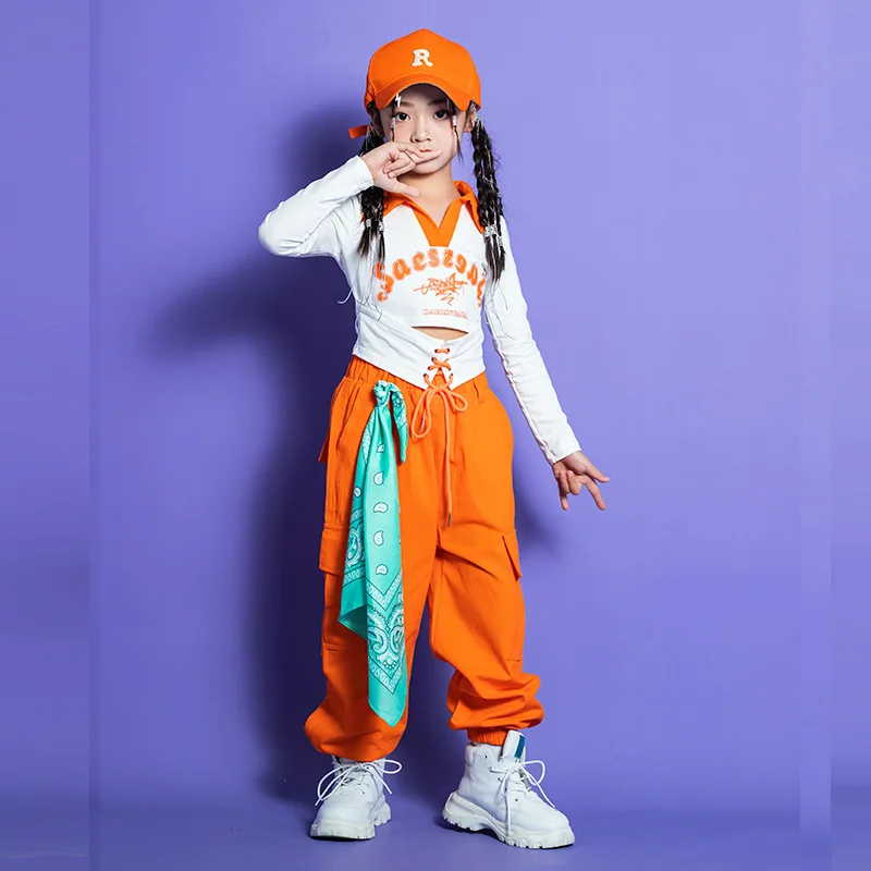 

Hip Hop Streetwear Sets Girls Long sleeve T shirt Cargo Pants Dance Show Child Outfits orange Cool Kids Dancer Girl jazz costume