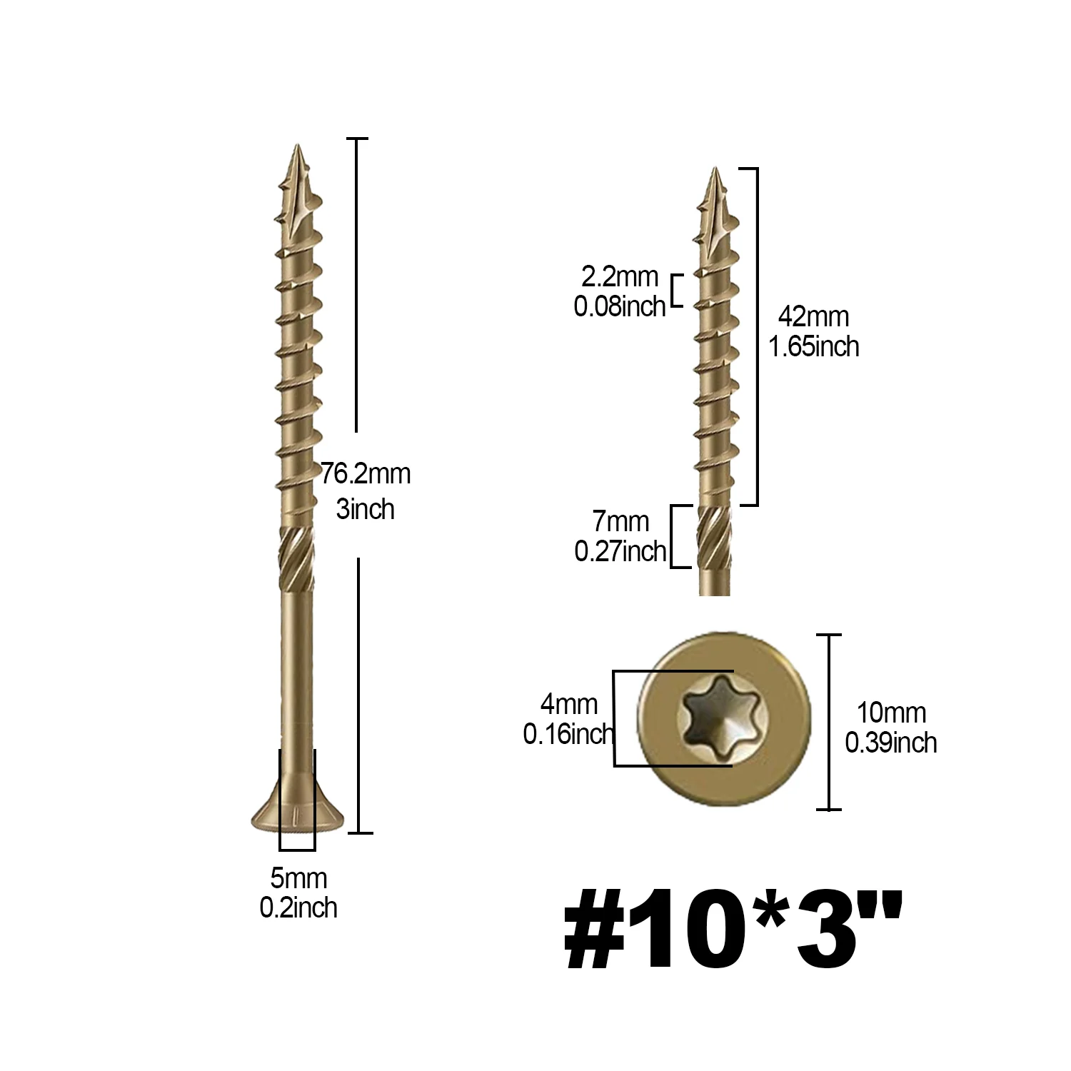 

#10x3 Size, Quantity Options (100/200/300/500 Pcs), Rust-Resistant Golden Coating, Carbon Steel, Torx Drive, Free T25 Bit